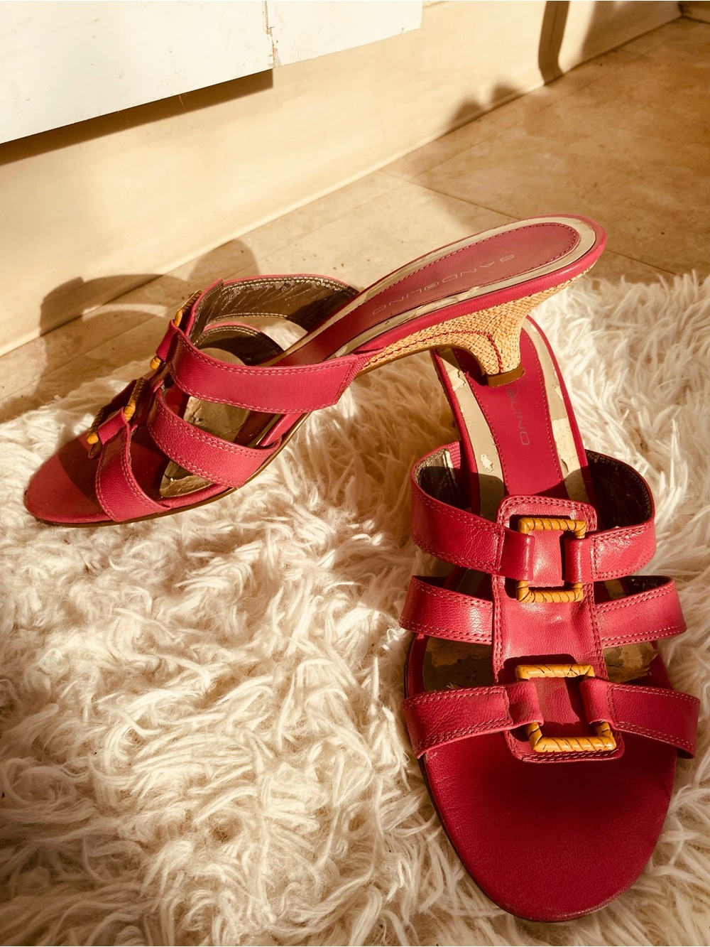 BANDOLINO PINK LEATHER RAFFIA HEEL SLIDE SANDALS Size 8.5